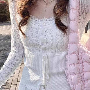 早春辣妹镂空u领长袖针织衫女高级感温柔风穿搭修身显瘦短款上衣