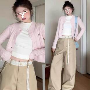 韩系粉色麻花短款毛衣外套女春秋季新款小个子外搭高级感针织开