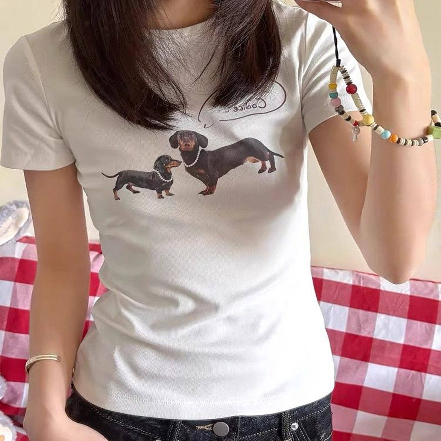 小个子短袖t恤女夏装纯棉螺纹打底上衣正肩内搭短款印花圆领小衫