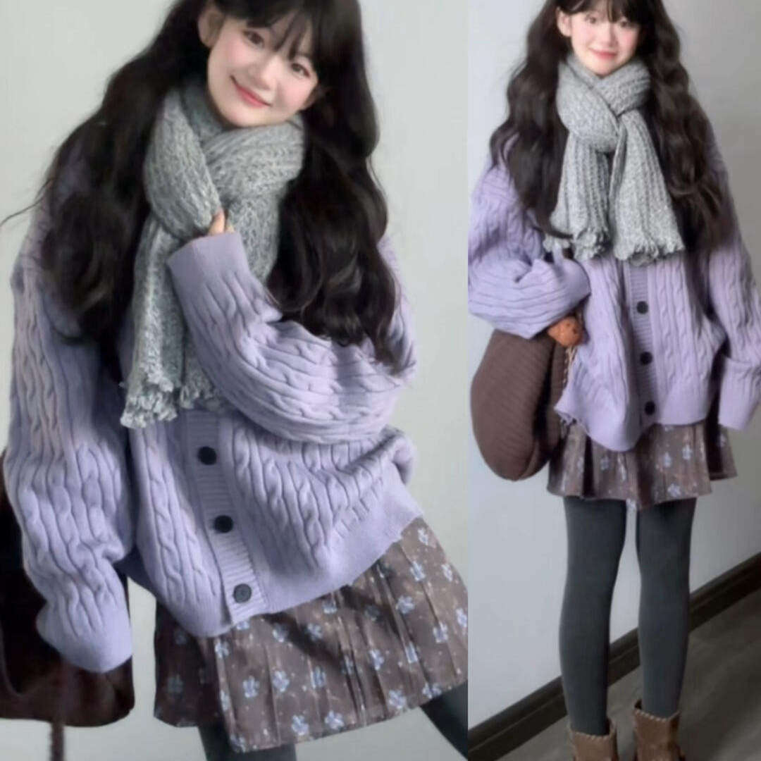 秋冬韩系慵懒风紫色毛衣开衫女宽松可内搭外穿高级感针织外套上衣