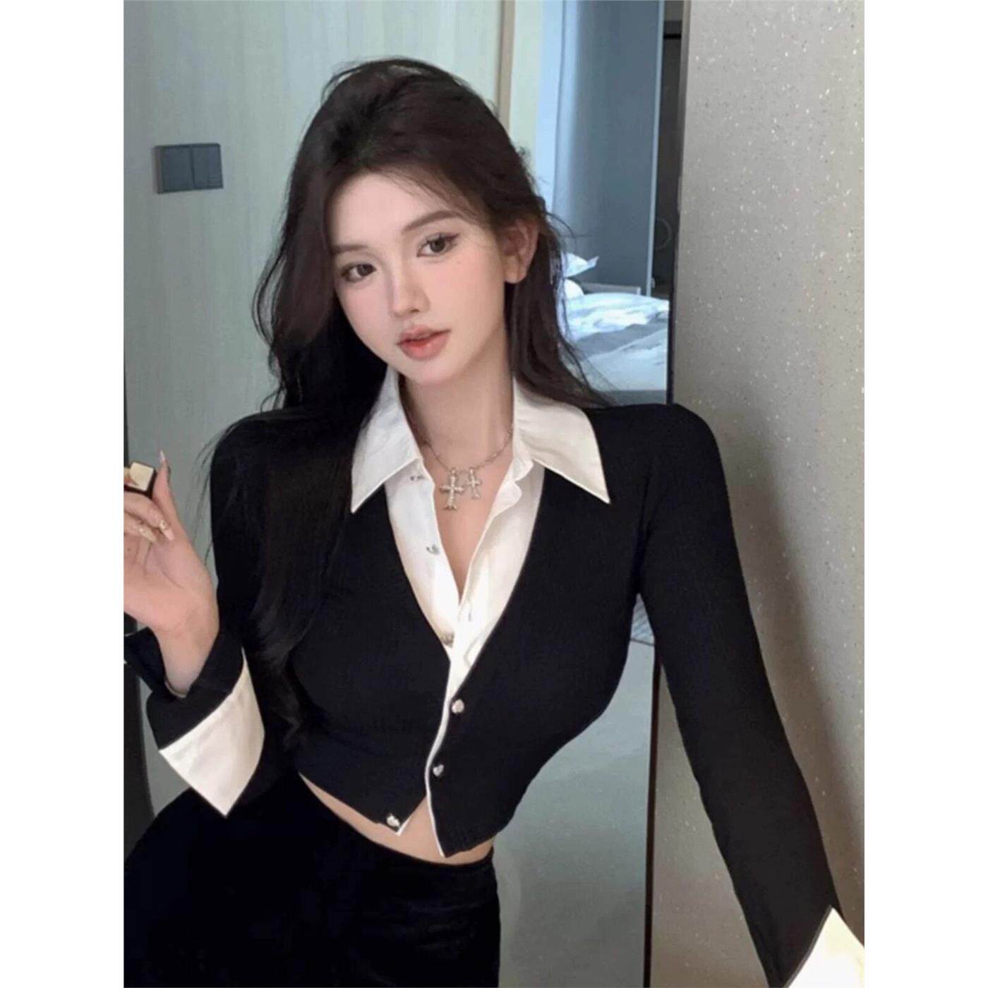 大码胖MM高级感假两件拼接衬衫女春秋季V领修身短款长袖针织上衣