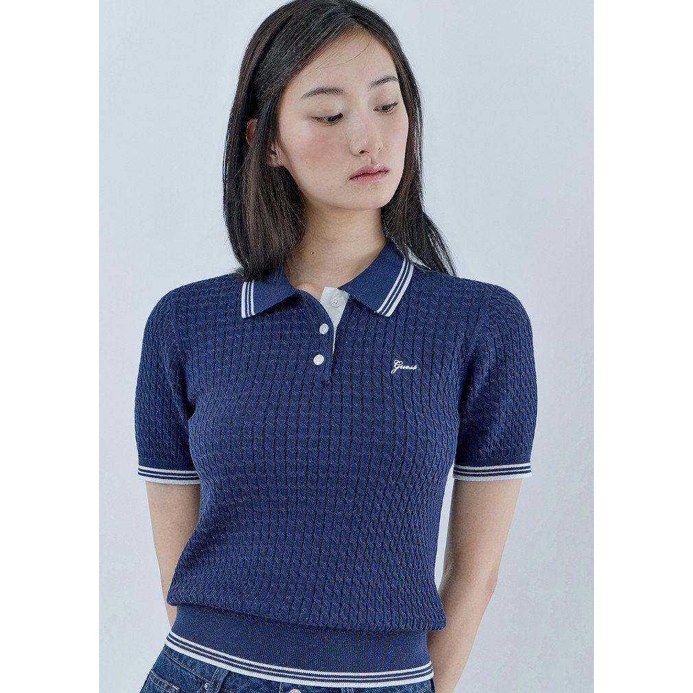 GUESS/盖尔斯韩国代购26夏女士复古休闲麻花拧针织POLO领短袖T恤