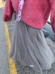 YILANN2026新款女春季迷雾灰大摆量网纱裙松紧腰显瘦百搭半身裙
