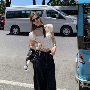 设计感抽褶系带短袖 YILANN2025新款 白色少女衬衫 短款 上衣 春夏韩版