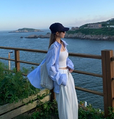 宽松衬衫 Yilann2025新款 防晒条纹长袖 韩版 休闲风翻领落肩上衣 夏季