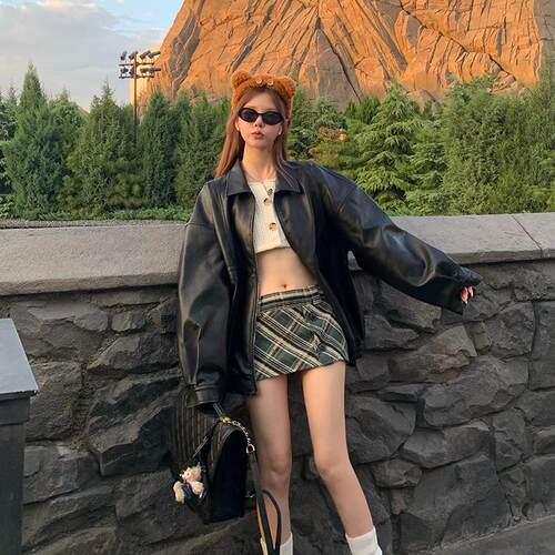 韩版黑色皮衣复古小众设计感