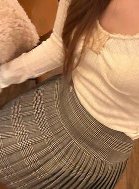 yilann2025新款春秋韩版咖色a字复古格纹半身裙女高腰显瘦百褶裙