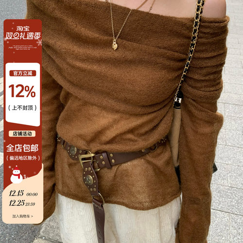 秋季一字肩针织衫长袖设计感上衣