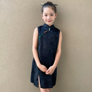 国潮儿童高级黑色旗袍民国风夏季高端女童复古连衣裙洋气表演礼服