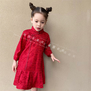 女童长袖旗袍裙子2025款秋冬儿童复古连衣裙中国风唐装红色拜年服