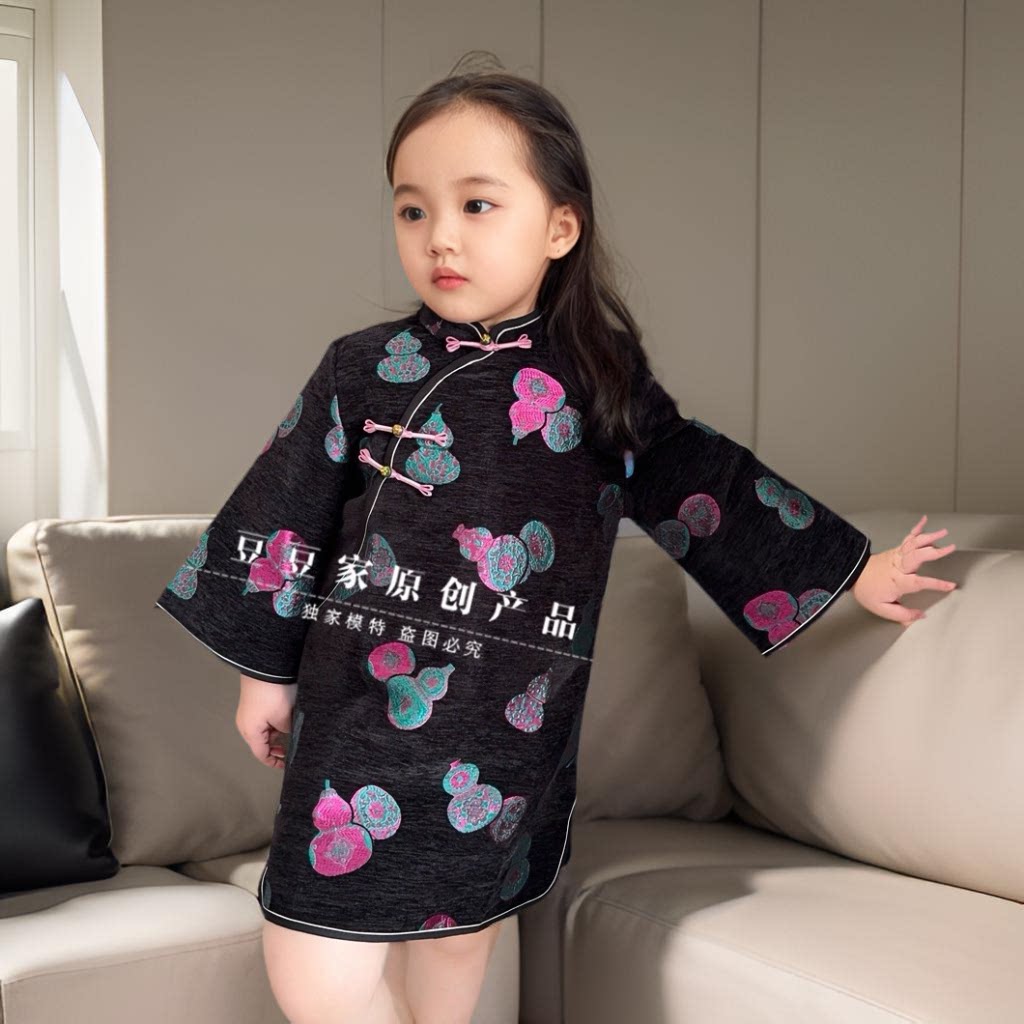 女童雪尼尔刺绣旗袍裙中国风儿童连衣裙复古立领中式复古唐装汉服