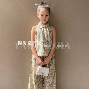 高端夏季套装女孩时髦洋气无袖两件套女宝露背上衣阔腿裤国风旗袍