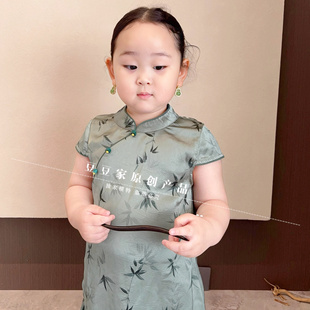 仿醋酸高端女童旗袍裙2025新款女宝宝复古唐装汉服墨竹裙子连衣裙