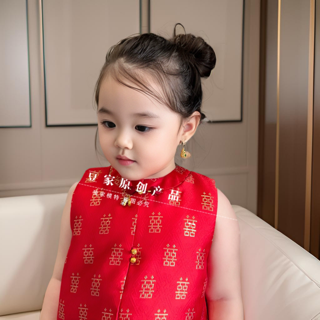 中国风花童婚礼女童礼服高端喜事主持人红色马甲小女孩绝美演出服