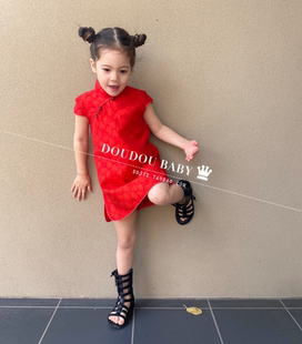 女童旗袍中国风红色连衣裙小女孩格子唐装汉服夏装新款洋气公主裙