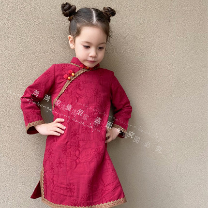2023春秋新女童长袖旗袍裙中国风红色儿童复古唐装汉服洋气公主裙