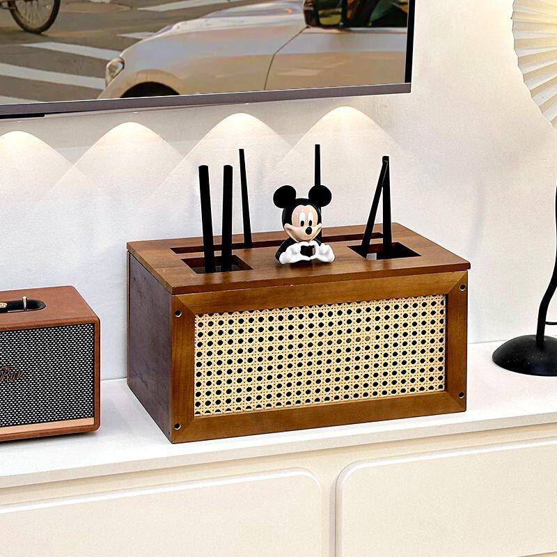 实木中古风路由器多功能收纳盒客厅藤编无线wifi收纳架桌面整理盒