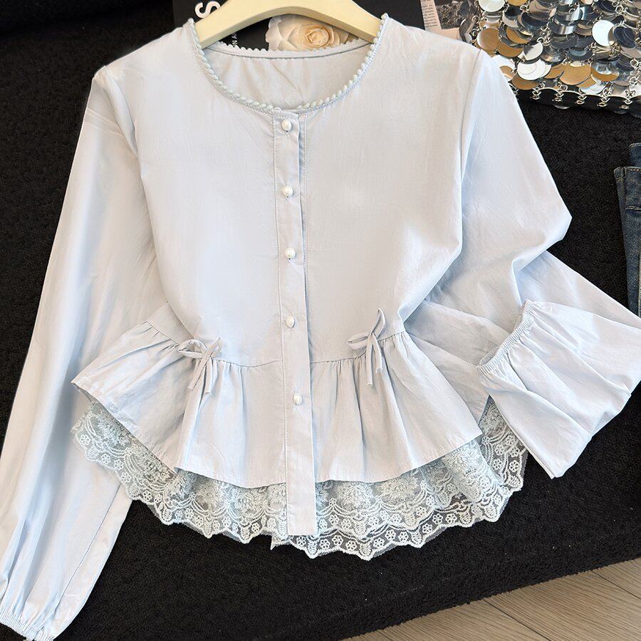2026春季新款时尚洋气长袖衬衫女设计感荷叶边裙摆蕾丝拼接上衣