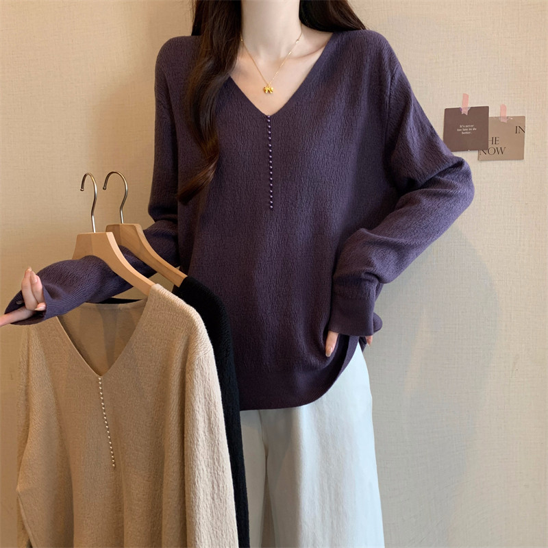 秋冬法式轻奢V领针织衫长袖女秋冬胖MM肌理感上衣内搭打底衫