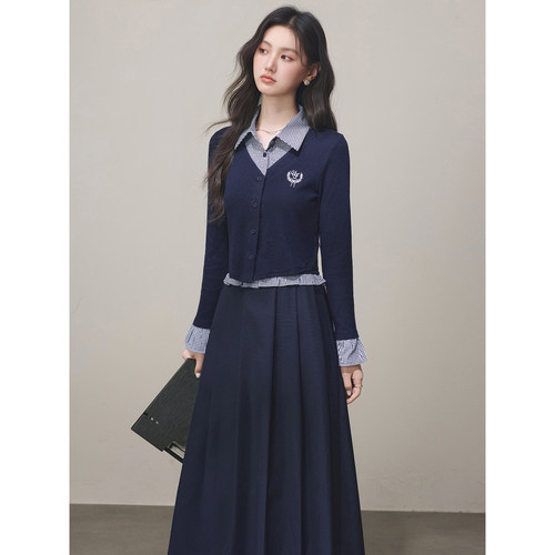 2025秋学院风格子拼接上衣+拼接半身裙套装两件套