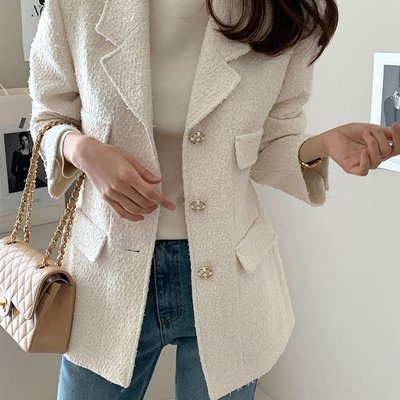 高雅时尚 韩国东大门Chic小香风外套 修身假口袋粗花呢西装外套