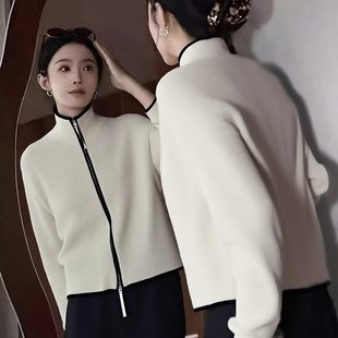 洋气时尚 已出货 新款 女2025秋季 百搭上衣 撞色高领双拉链针织开衫