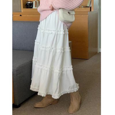 甜美森女小白裙2025春季新款花边拼接蛋糕裙中长款A字半身裙