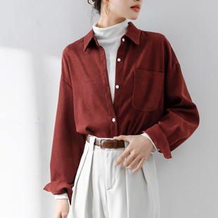 安可拉红灯芯绒磨毛衬衫女 高级感法式上衣内搭叠穿长袖衬衣外套