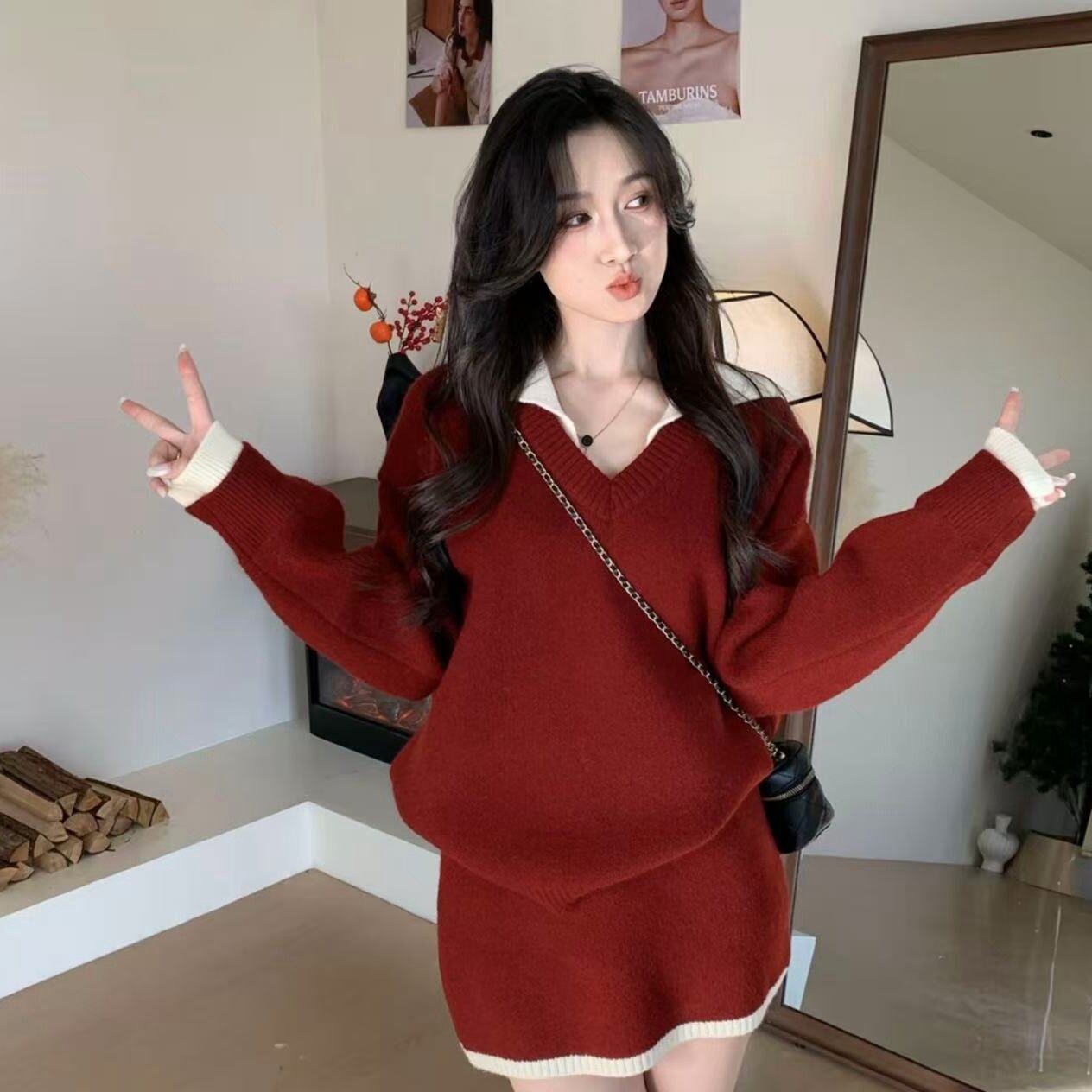 红色圣诞穿搭新年毛衣针织套装裙小个子短裙韩系深冬穿搭一整套