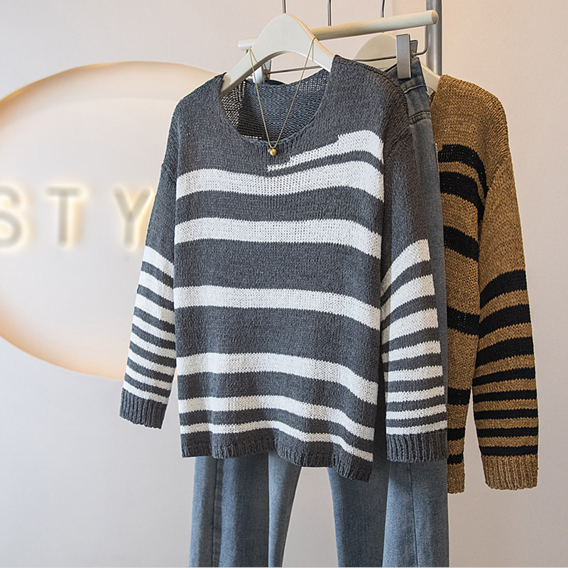 大码女装新款韩版套头慵懒条纹针织衫毛衣宽松上衣