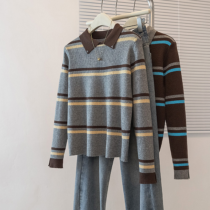 大码女装冬新款韩版翻领polo撞色设计条纹针织衫复古毛衣上衣