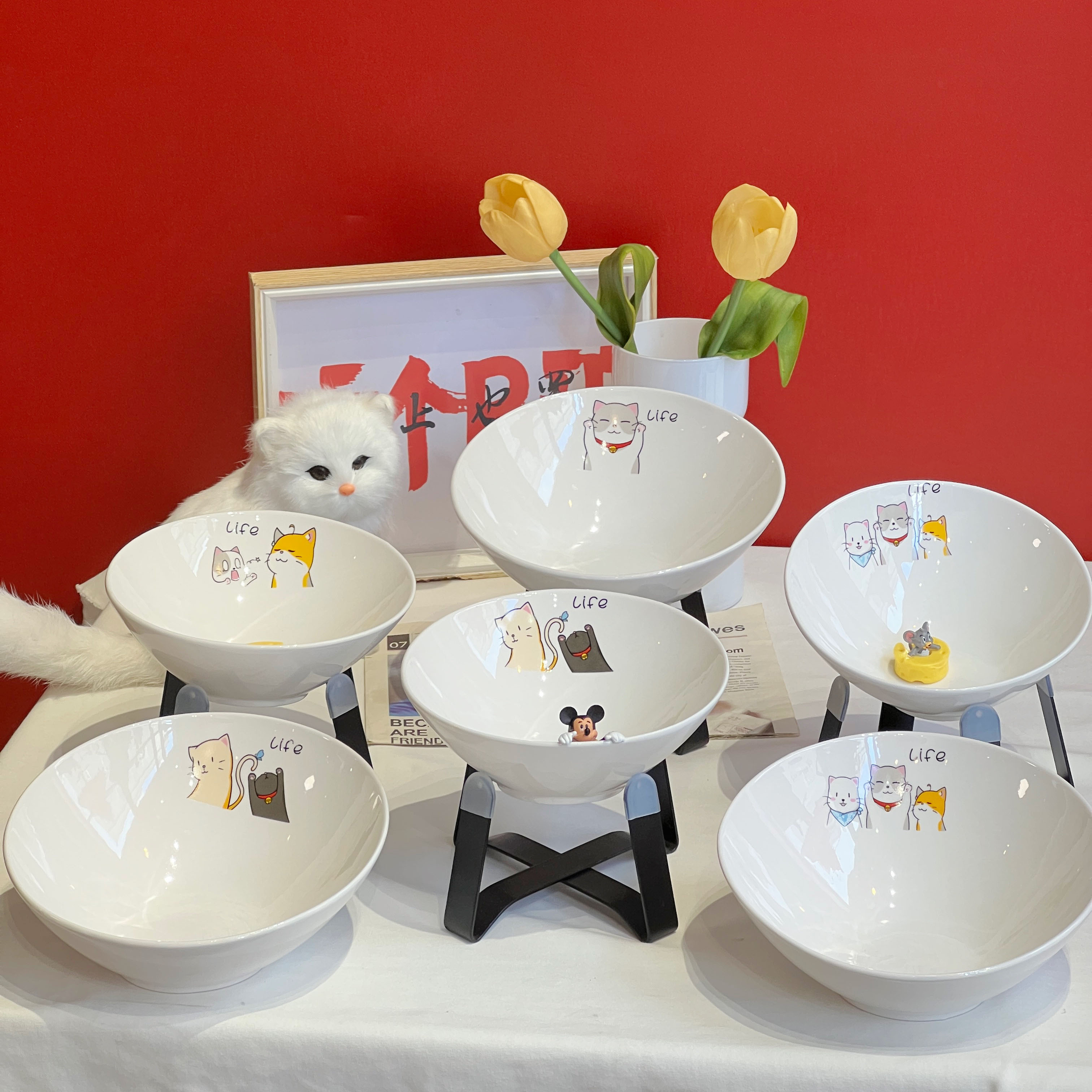 大口径陶瓷猫碗防打翻猫食盆斜口高脚猫粮碗保护颈椎狗喝水碗宠物