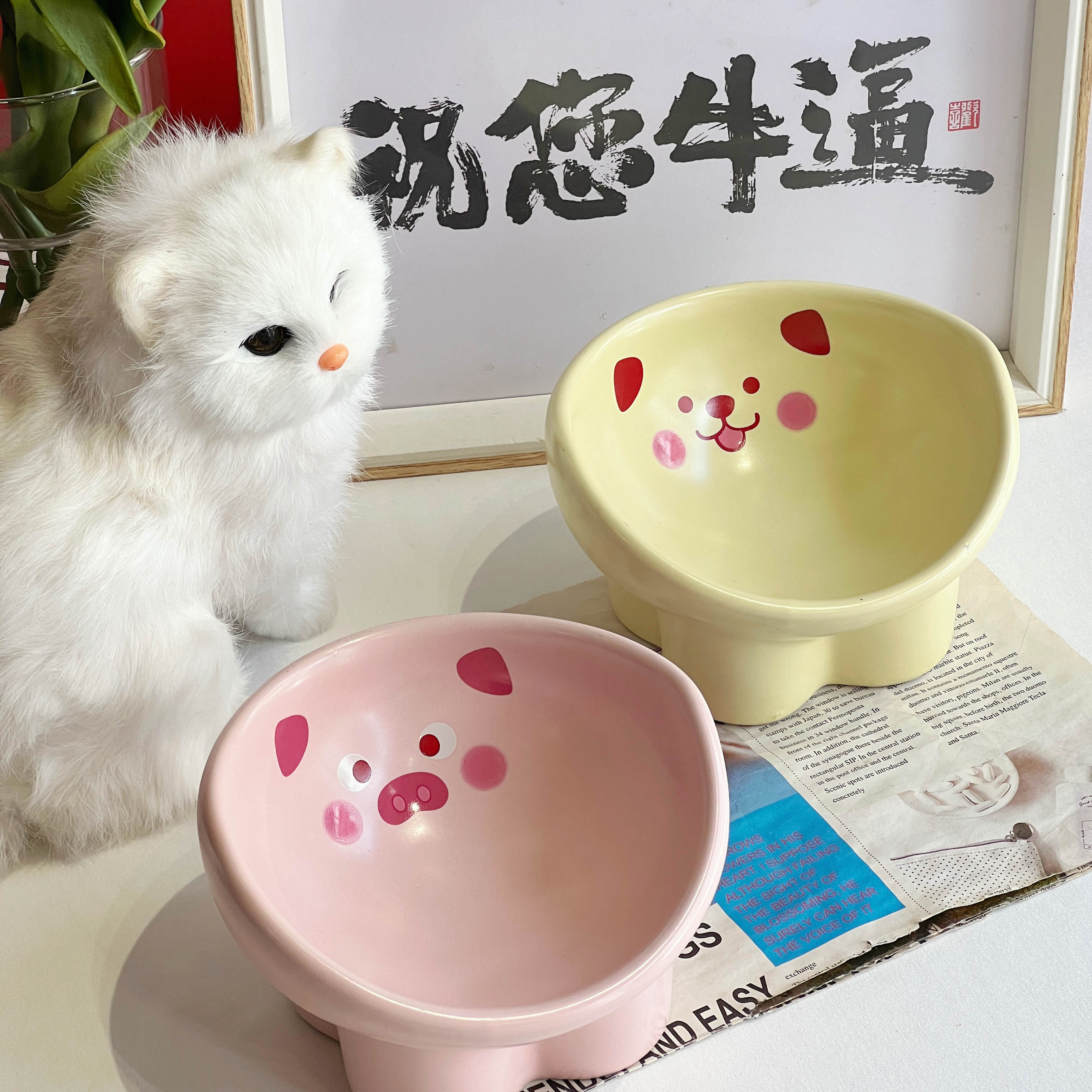 高颜值猫碗陶瓷猫粮碗高脚猫食盆护颈防打翻大口径狗喝水碗宠物碗