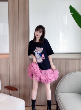 潮牌卡通印花宽松短袖T恤拼接重工网纱tutu蓬蓬裙可爱减龄连衣裙