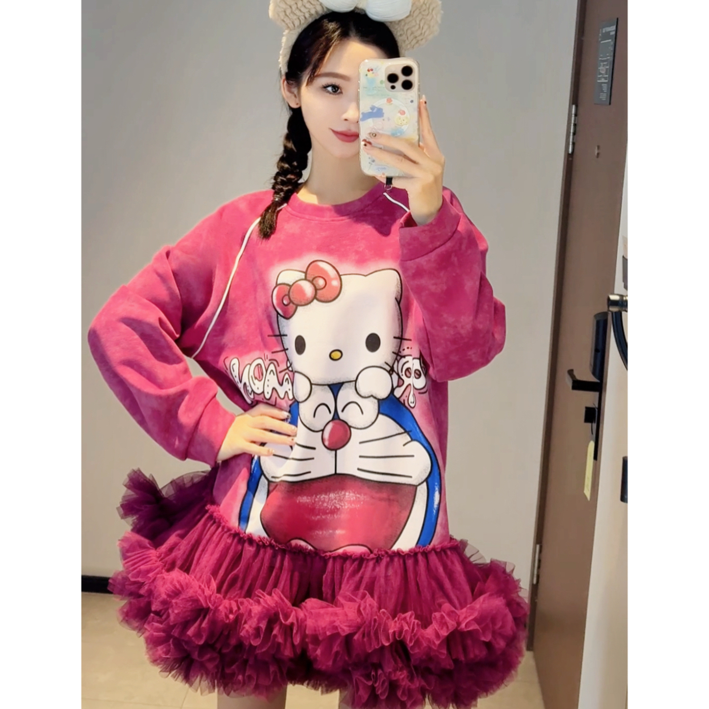 秋冬设计师潮牌重工hellokitty拼接蓬蓬tutu裙宽松减龄卫衣连衣裙