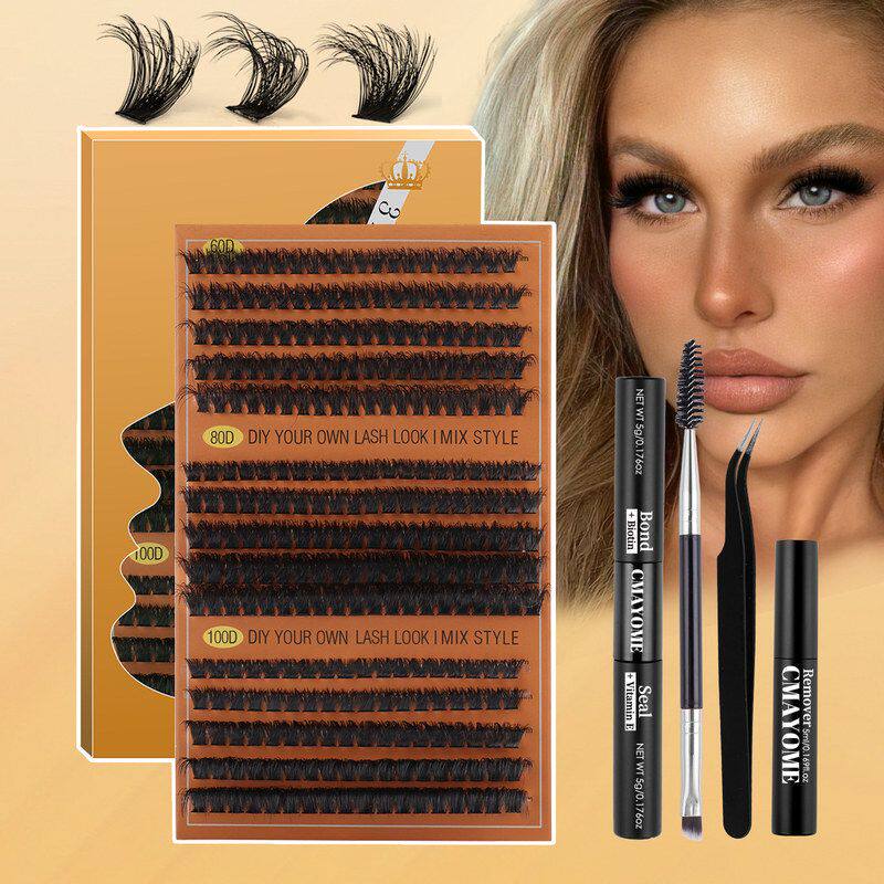 跨境假睫毛热销单簇自嫁接自然60-100D混装浓密D卷假睫毛套装批发