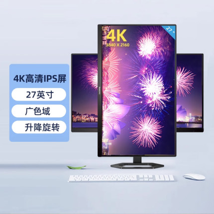 飞利浦27英寸4K显示器IPS广色域屏 升降旋转不闪屏窄边27E1N5800E