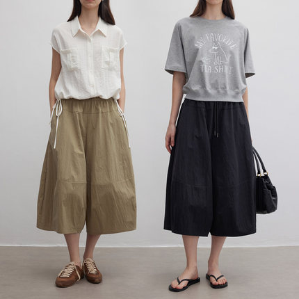 Dotdrobe多着 山系花苞裙裤 砂洗抗皱松紧腰7分阔腿裤女夏-两色入