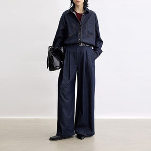Dotdrobe多着 轻磅数双褶裥牛仔阔腿裤女西装裤早秋新款-牛仔蓝