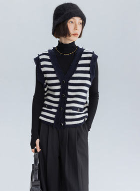Dotdrobe多着  黑白条纹UPW100%羊毛小香针织背心马甲女秋冬
