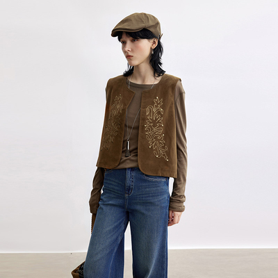 多着波嬉风复古绣花麂皮绒感马甲