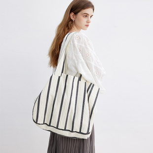 Dotdrobe多着 大容量条纹双提手休闲布包帆布包-黑白条