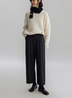 Dotdrobe多着 羊毛呢 褶裥锥形九分休闲裤女秋冬显瘦-卡其绿/深灰