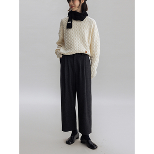 Dotdrobe多着 羊毛呢 褶裥锥形九分休闲裤女秋冬显瘦-卡其绿/深灰