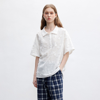 多着立体花朵刺绣纯棉短袖衬衫