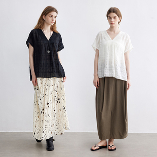 Dotdrobe多着 亚麻天丝 泡泡纱塔克褶V领短袖衬衫女夏季-两色入