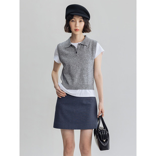 M1U风 藏青 羊毛混纺翻领无袖 咖色 烟灰 针织背心女 Dotdrobe多着