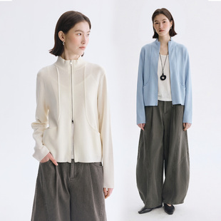 新款 女春季 极简 羊毛混纺立体分割双头拉链针织开衫 Dotdrobe多着