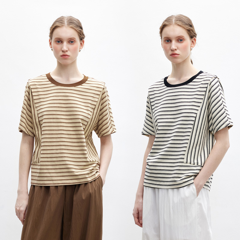 多着不同方向条纹拼接纯棉T恤