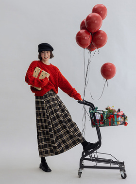 Dotdrobe多着 M1U风松紧腰立体分割花苞裙秋冬烟灰色/黑色/黑咖条